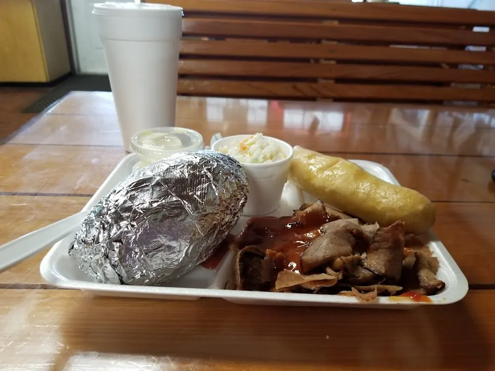 BBQ Beef Lunch Plate with Baked Potato and Cole Slaw
